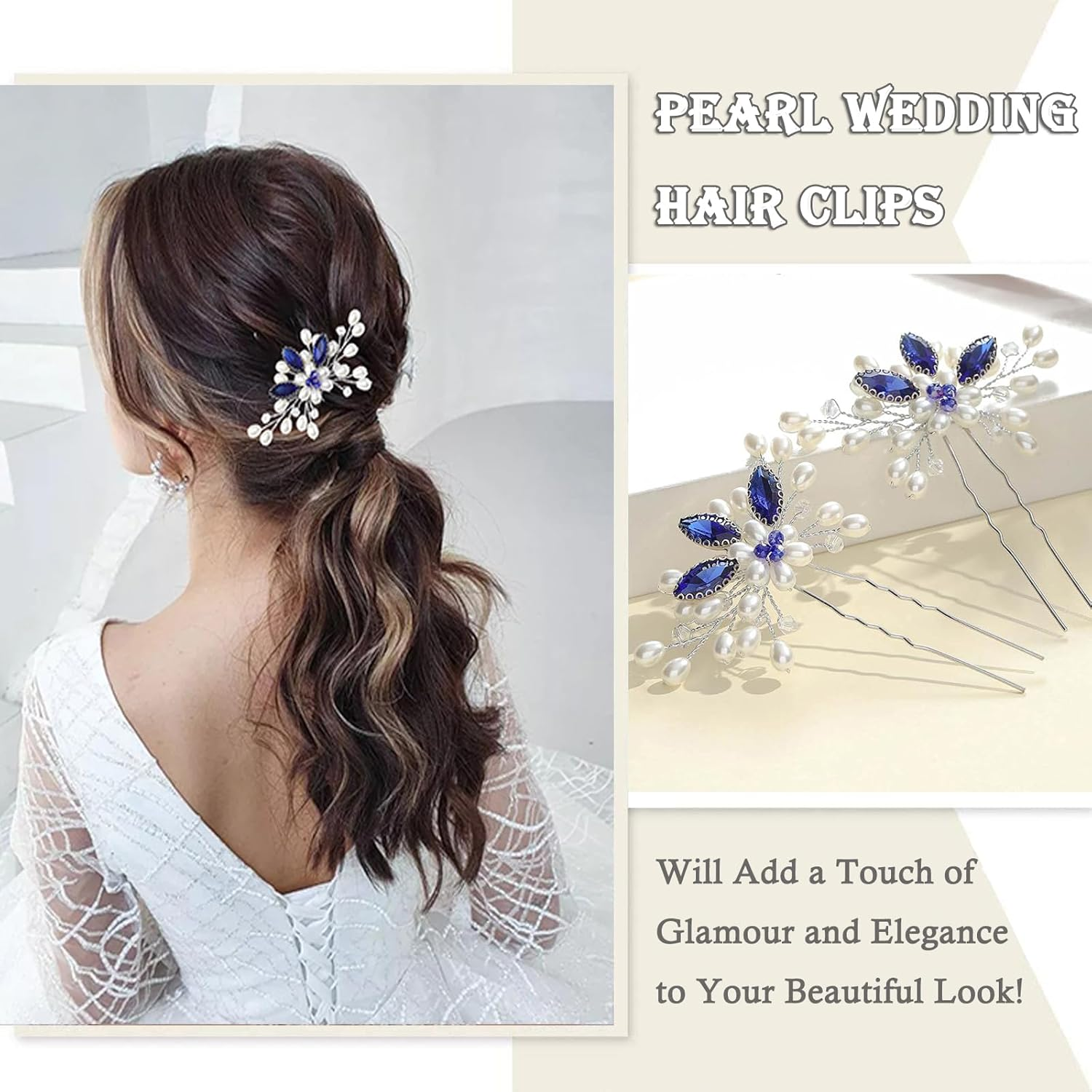Xinlon Pack of 2 Hair Accessories Girls, U-Shaped Bridal Hair Pins, Hair Accessories Wedding Blue, Crystal Beads, Bridal Hair Comb for Bridesmaids, Brides, Wedding, Ball, Party, Stage Shows image number 3