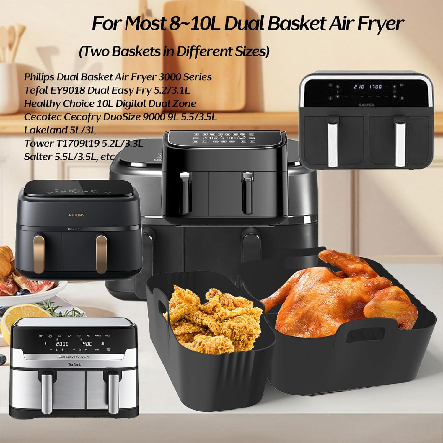 Marakruki 2Pcs Silicone Air Fryer Liners for Philips 3000/5000 Series, Reusable Silicone Liners for 5.2L+3.1L Dual Baskets, Philips Air Fryer 3000/5000 Series Accessories image number 1