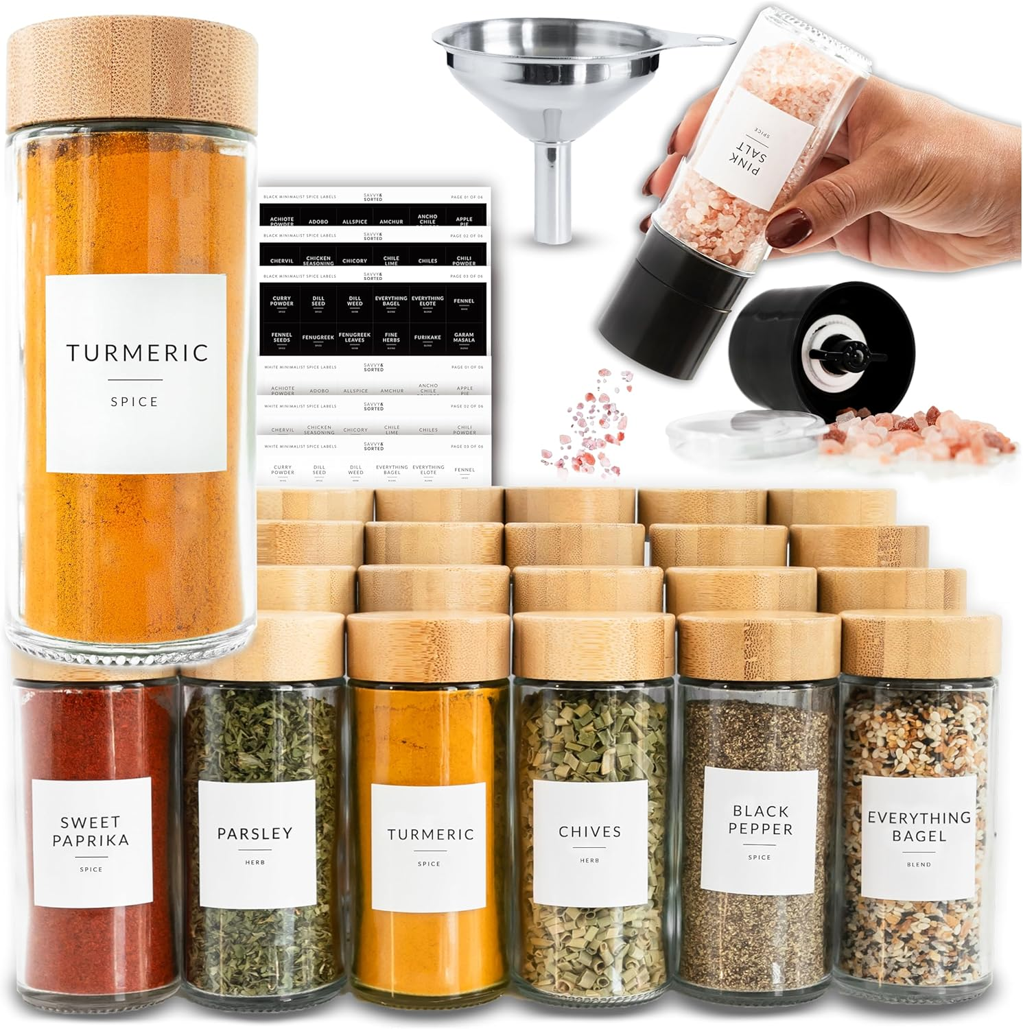 24 Glass Spice Jars with Label, round Bamboo Spice Jar Set, Seasoning Containers with Labels, Salt Grinder, 374 Spice Labels, Spice Bottles Funnel Empty Spice Jars with Shaker Lids Spice Containers image number 3