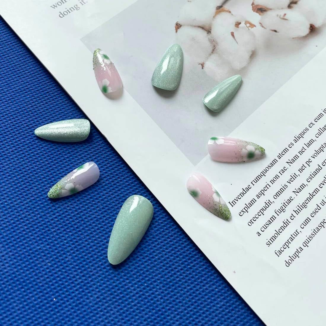 Resweky Long Almond False Nails Pink Green Flower False French Nails Shiny Print Acrylic Nail Cover for Women Girls image number 1