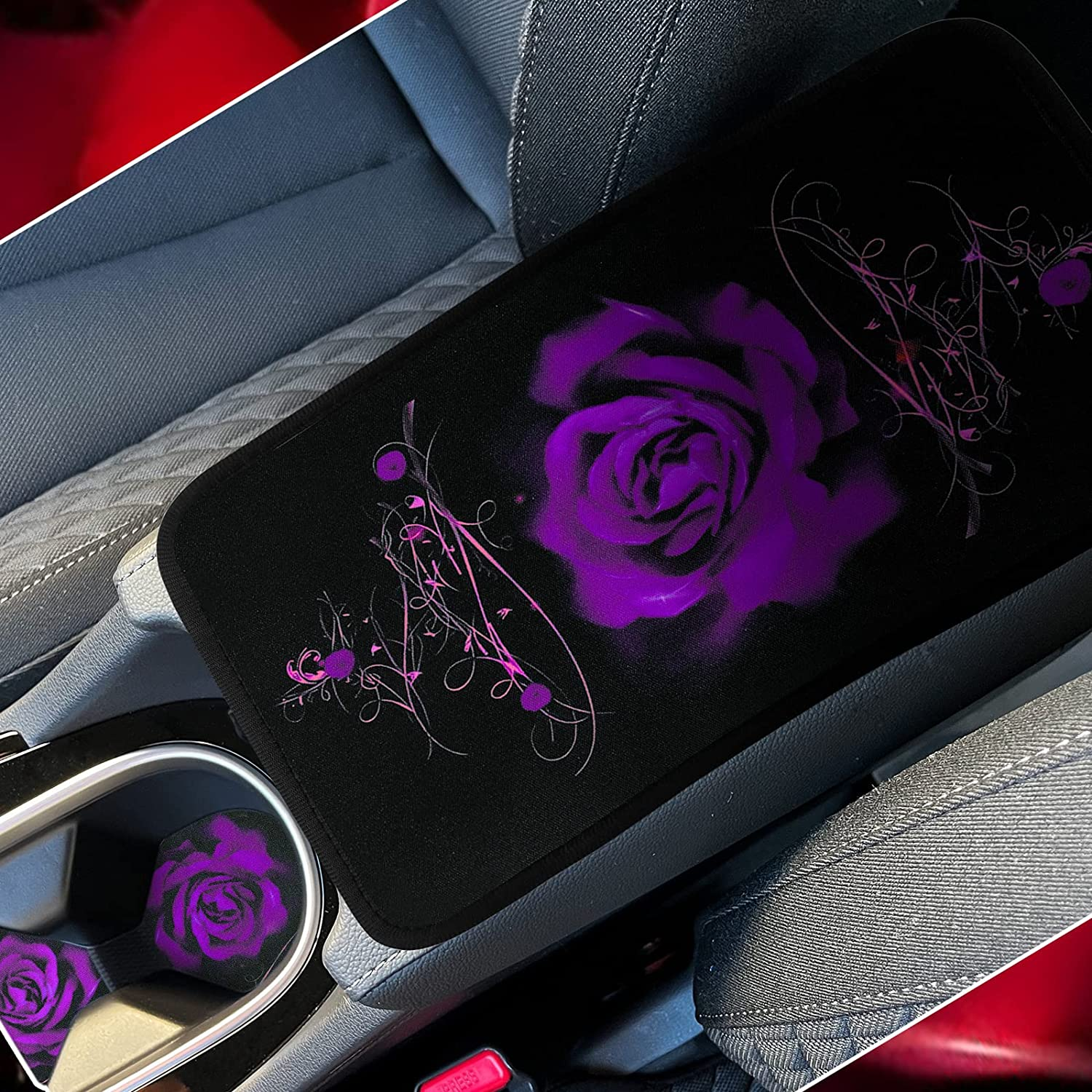 15 Pcs Rose Art Flower Car Seat Covers Full Set for Women Rubber Steering Wheel Cover Armrest Cover Seatbelt Covers Polyester Fabric Front Seat Rear Backrest Cover Bottom Cover Universal (Purple) image number 4