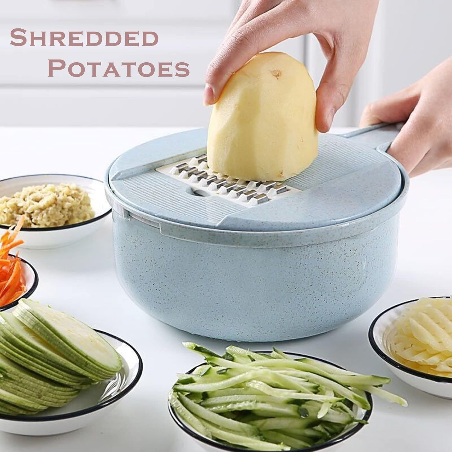 Vegetable Cutter Onion Vegetable Potato Cheese Food Mandolin Hand Cutter Dicer Cutter with Container 5 Blades Adjustable Blue image number 3