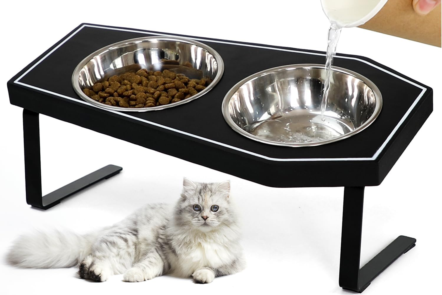 Cat Food Bowls Elevated, Gothic Cat Bowls, Raised Cat Bowls for Indoor Cats with Non-Slip Stand & Wood Board, Stainless Steel and Whisker Friendly Food Bowls image number 4