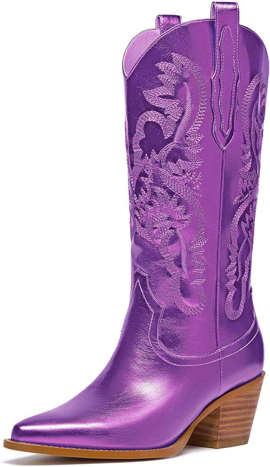 Driceic Glitter Wide Calf Metallic Embroidered Cowboy Boots for Women Sparkly Mid Calf Chunky Heel Pull on Pointy Toe Western Cowgirl Boots Fashion Vintage Short Booteis for Girl image number 1