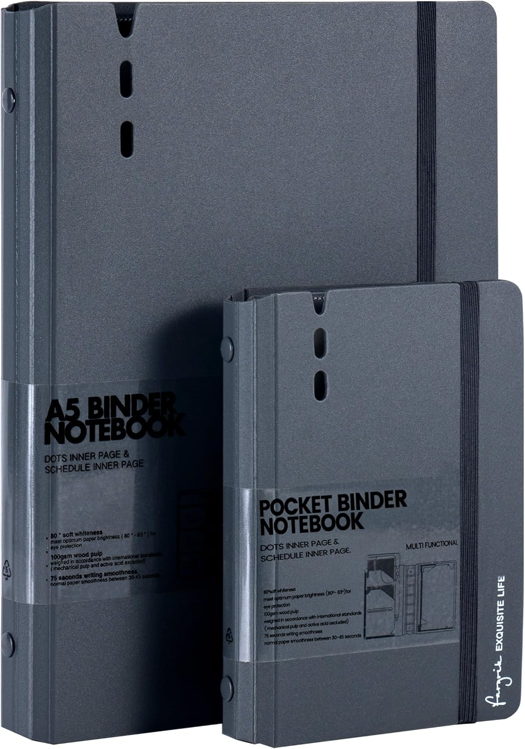 CAGIE A7 Small Binder Notebook with Removable Pages Hardcover Spiral Refillable Mini Binder Notebooks for Note Taking Pocket Notebook with Planning Square Ruled & Dotted Ruled Pages 4X5.7 Inch, Grey