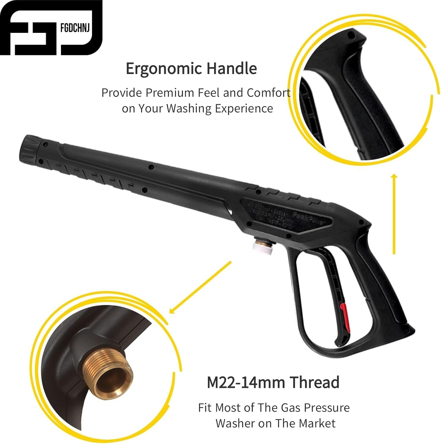 FGD Replacement Pressure Washer Gun with Extension Wand, Power Spray Car Wash Gun with M22-14Mm Thread Fitting, 5 Nozzle Tips, 40.2 Inch, 3600 PSI