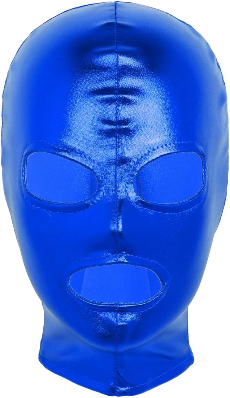 Unisex Adult Headgear Latex Smooth Metal Open Eyes Mouth Full Face Mask Hood Cosplay Clothing