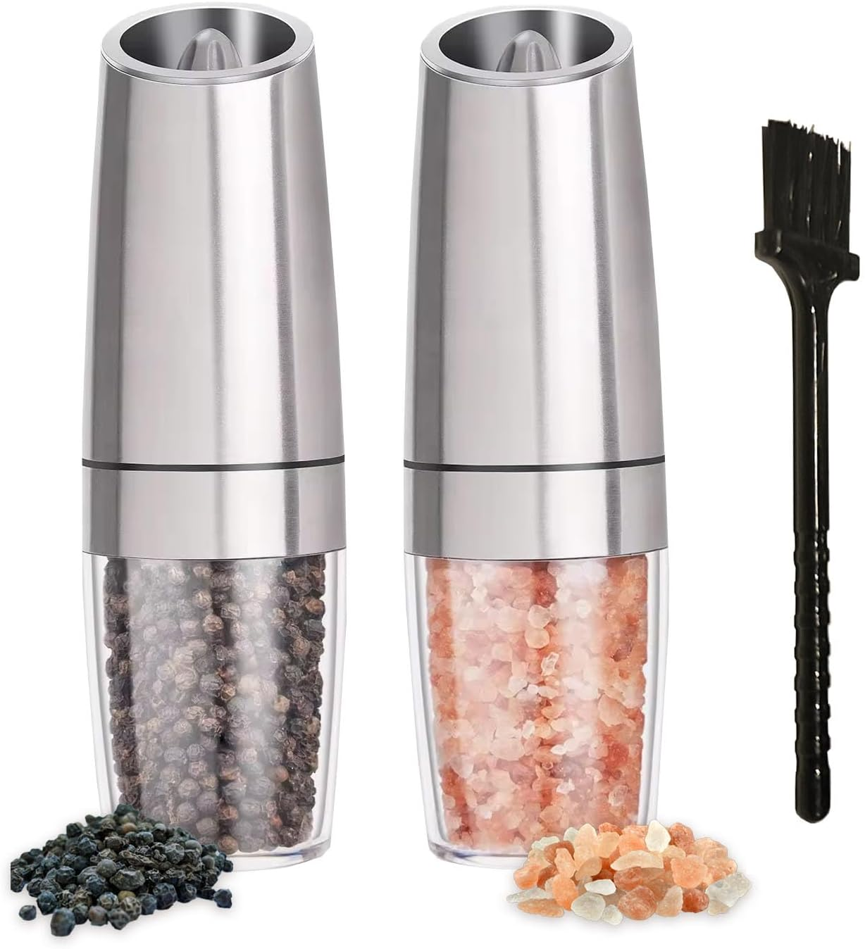 Chef Power High-Quality Gravity Electric Salt and Pepper Grinder with Cleaning Brush - Battery-Operated, Stainless-Steel Pepper Mill - LED Light, Automatic Salt and Pepper Grinder &ndash; 2 Set (Silver) image number 4