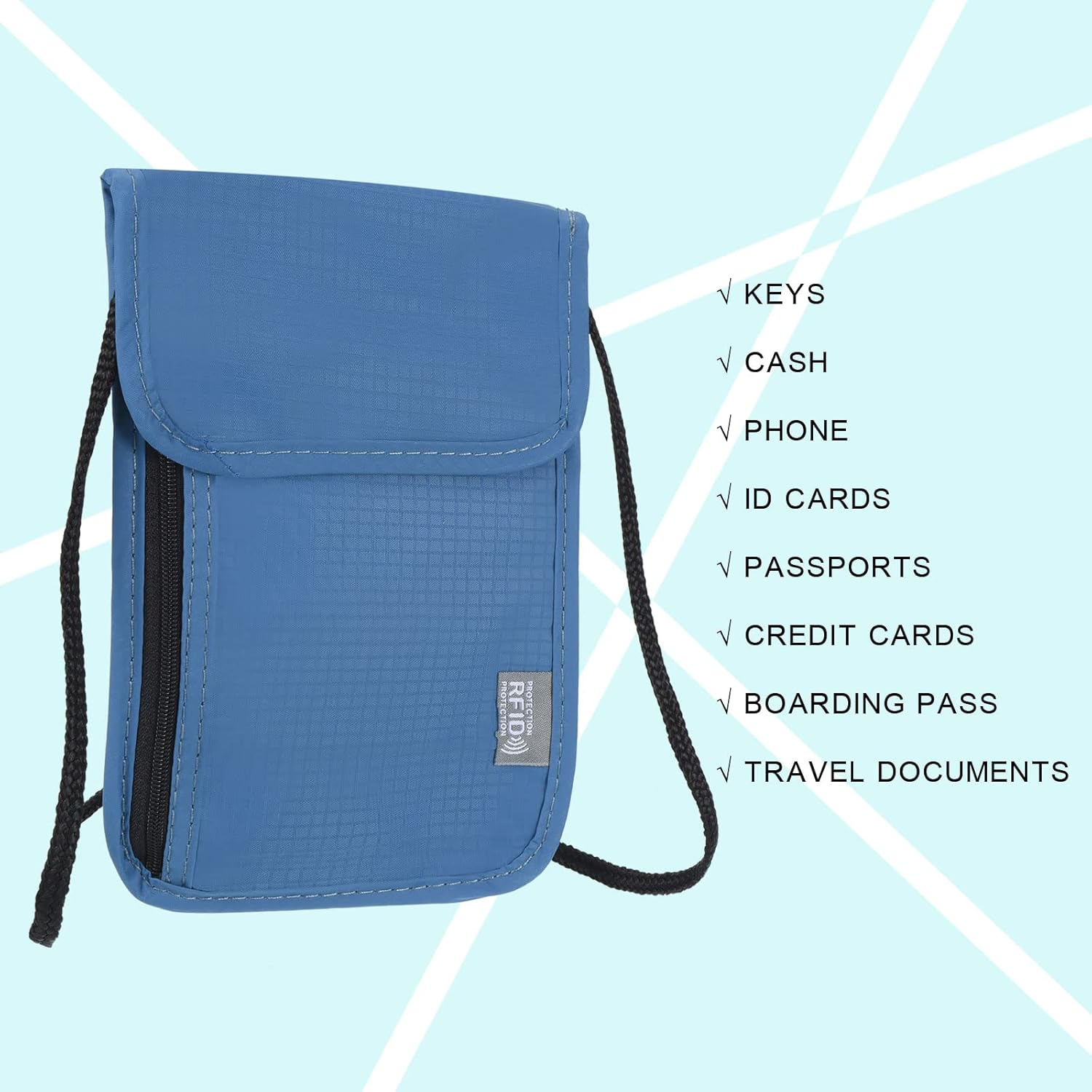 Uxcell Neck Wallet Travel Pouch, Passport Holder RFID Blocking Waterproof Neck Pouch Nylon Travel Document Organizer for Women & Men, Blue image number 2
