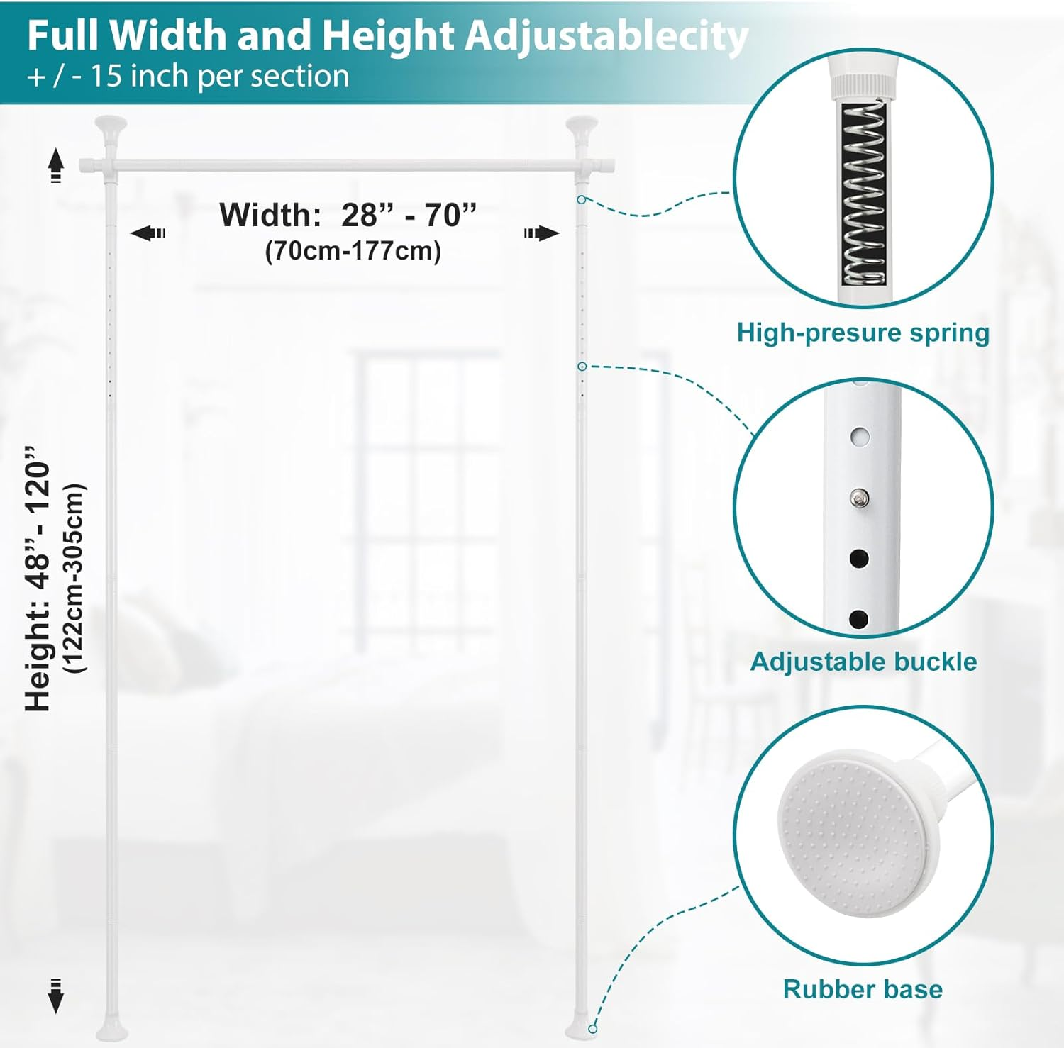 Room Divider, No Drilling Curtain Rods for Room Separation, Adjustable Heavy Duty Floor to Ceiling Hanging Wall Divider Tension Partition Room Separator for Dividing Room, 28-70Inch(W), 4-10Ft (H) image number 5