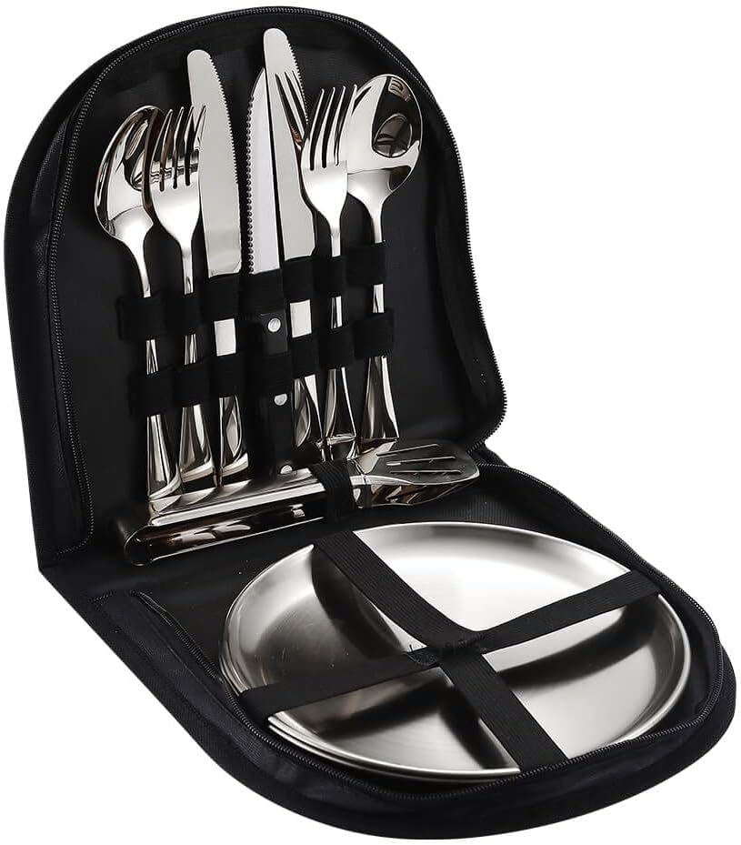 Camping Dish Fork Spoon Knife Set Camping Utensils Portable Stainless Steel Camping Utensils for Outdoor Travel, Set of 10 Suitable for Picnics, Campsite Kitchen BBQ and Hiking Trips (Silver) image number 4