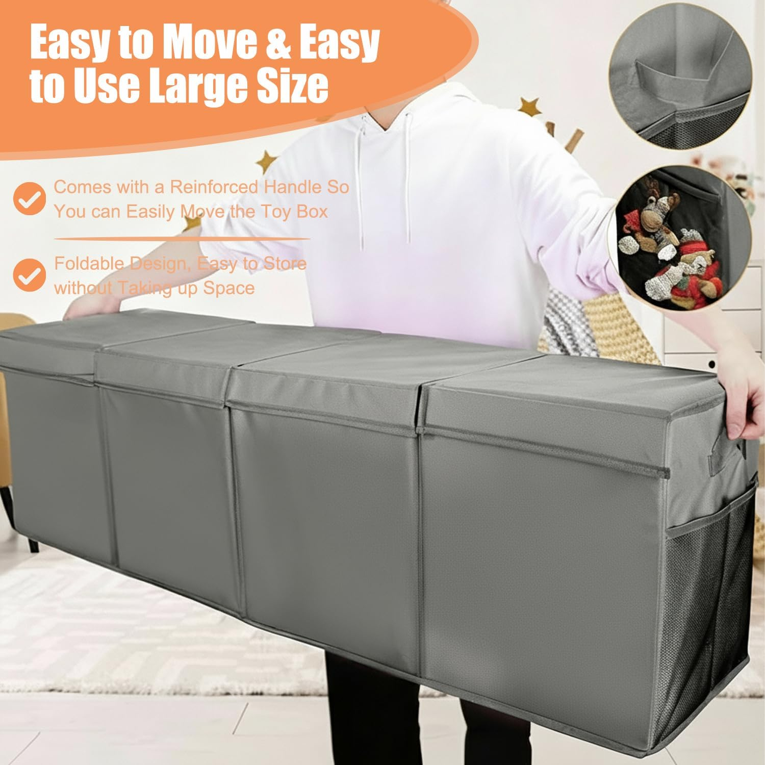 Extra Large Toy Box Storage,Collapsible Kids Toys Boxes Organizer Bins Baskets,Plush Toy Baskets for Kids, Toy Bin Container with Lid and Handles for for Living Room, Nursery, Playroom, Closet. (Grey)