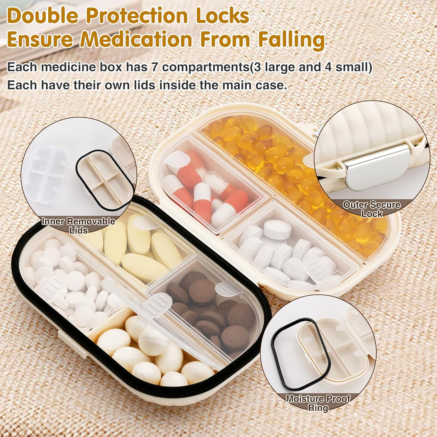 Zannaki Pill Case Portable Small Weekly Travel Pill Organizer, Cute Moisture Proof Pill Box Holder for Purse, Daily Pocket Pharmacy Medicine Container for Vitamin, Fish Oil, Supplement,Small+ Large