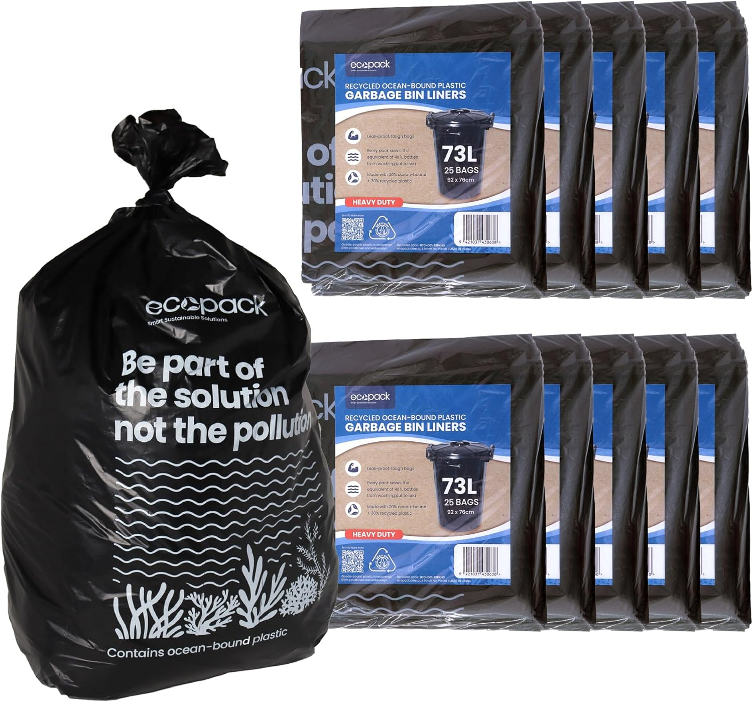 Ecopack Recycled 82L Bin Liners |250 Bags |Strong,Leak Proof Recycled Plastic Garbage Bags | All Purpose Rubbish Bags for Commercial Bins, Household & Cleaning |10 X Rolls of 25 Bin Bags
