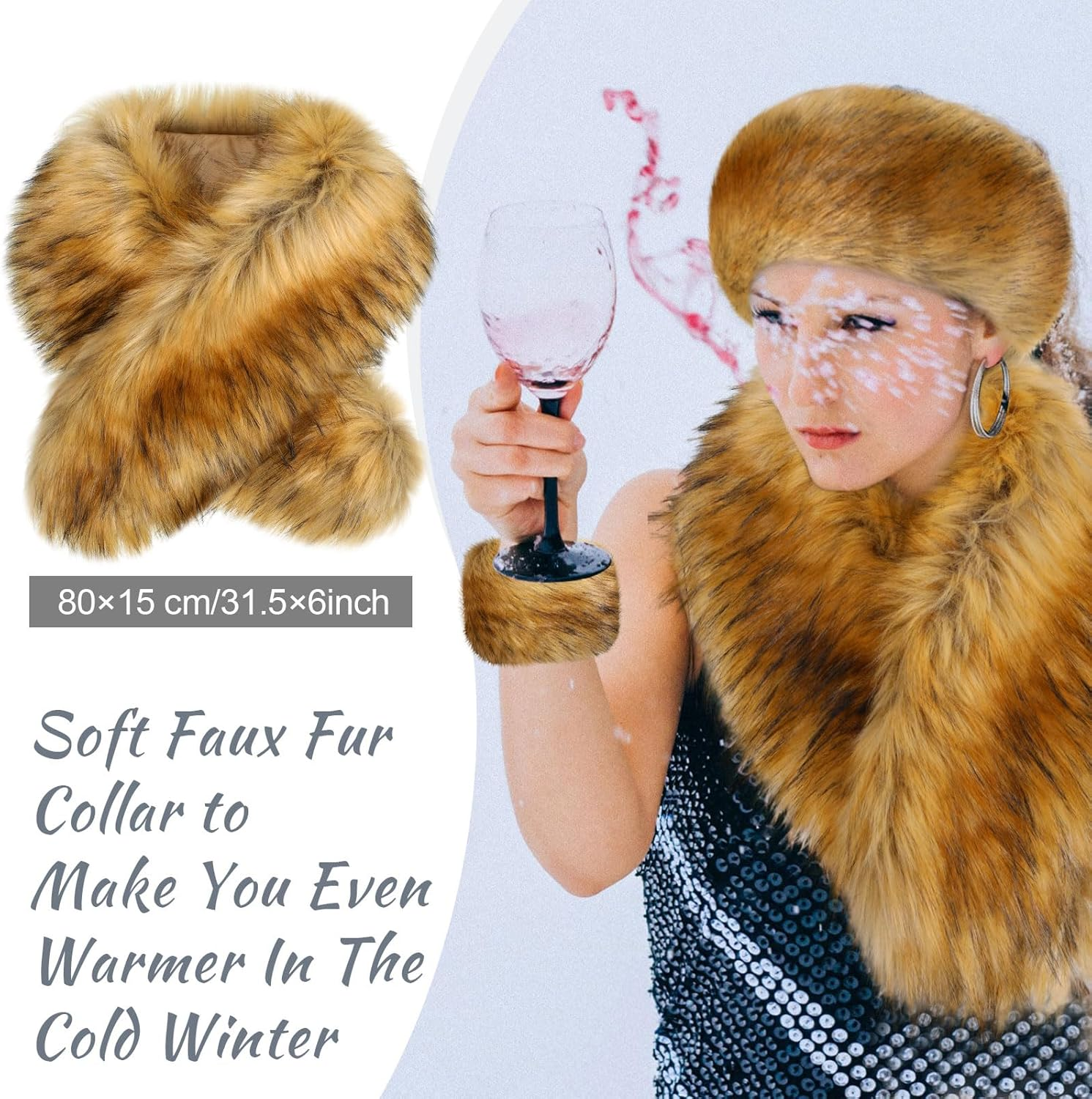 Ramede 3 Piece Faux Fur Collar Wrist Cuffs Headband with Stretch Snakeskin Print Winter Faux Fur Women'S Neck Ear Arm Warmer Scarf Wrap for Women Girls Accessories, Classic Colors, One Size image number 5