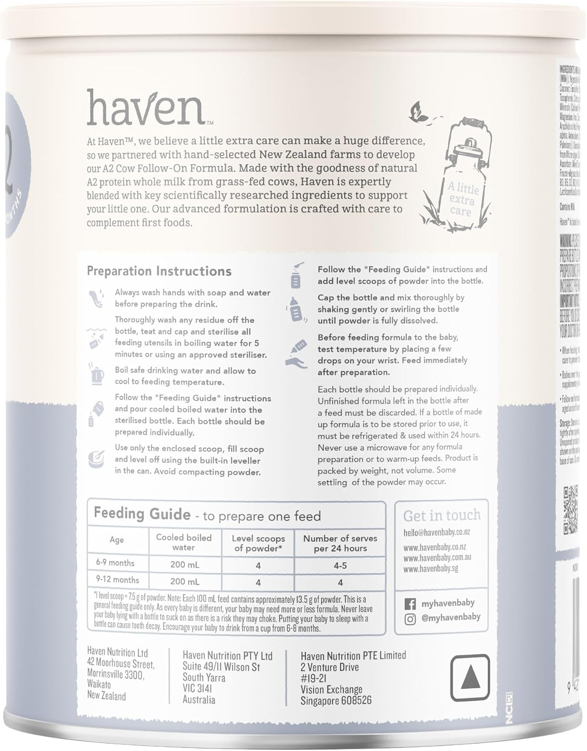 Haven A2 Cow Follow-On Formula, Stage 2 (6&ndash;12 Months), Made with Gentle New Zealand Grass-Fed Cow&rsquo;S Whole Milk, with Prebiotics, Probiotics, Palm Oil Free, GMO Free &ndash; 800G image number 4
