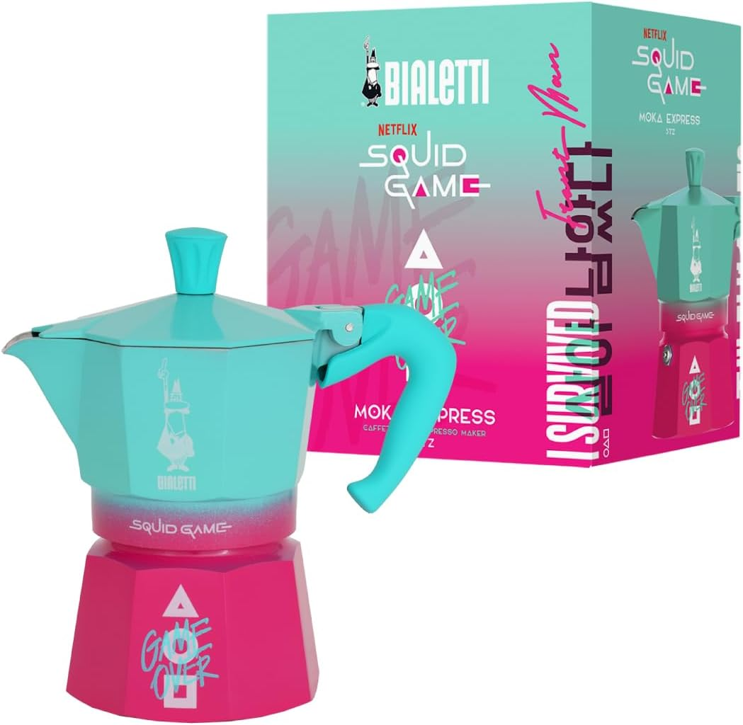 Bialetti Moka Express &ndash; Squid Game Collection | Iconic Stovetop Espresso Maker | Makes Real Italian Coffee | 3 Cup Moka Pot (130 Ml) | Aluminium | Pink and Teal image number 1