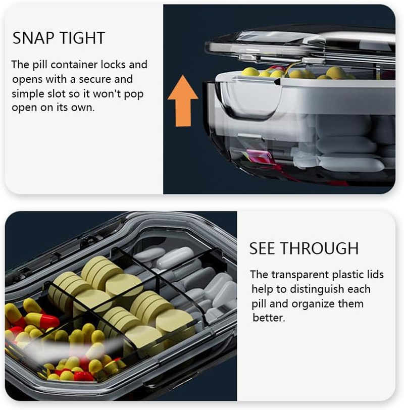 2 Pack Small Pill Box Pill Case Pill Organizer Travel Waterproof Pocket Pill Box Medicine Organizer Daily Pill Container for Purses, Compact Medicine Holder for Vitamins (6+4 Compartment) (Grey) image number 4