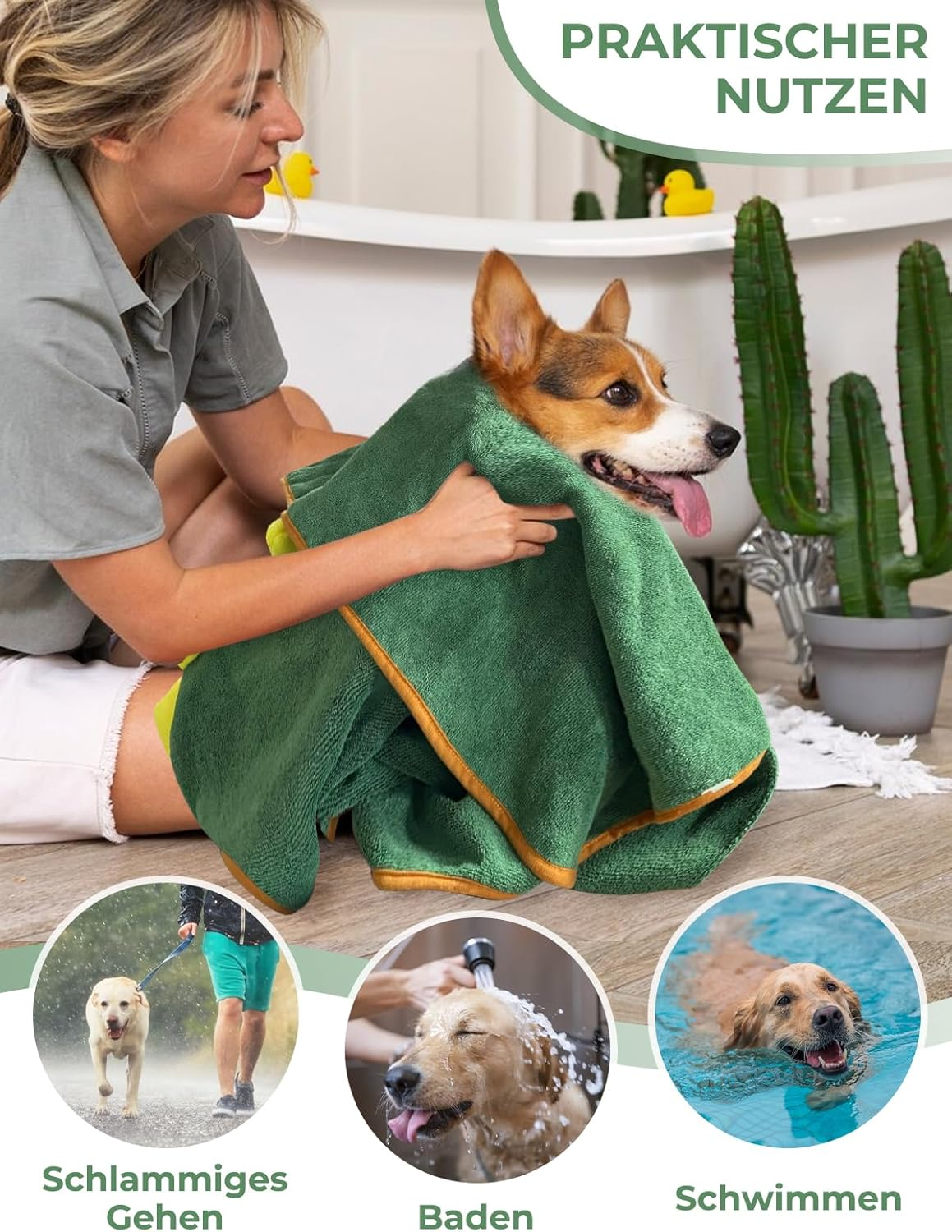 Dog Bathrobe, Quick Drying Microfibre Bath Towel, Bibykivn Adjustable Dog Towel with Velcro Closure, Absorbent Dog Bathrobe with Hat for Large Medium Dogs (S, Green) image number 4