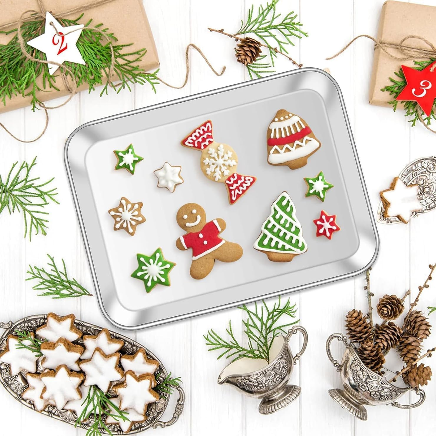 LH-3 Piece Baking Sheet Set, Stainless Steel Cookie Sheet Baking Sheet, 9/12/16 Inch, Non-Toxic & Heavy Duty & Easy to Clean 16 * 12 * 9 Silver image number 2