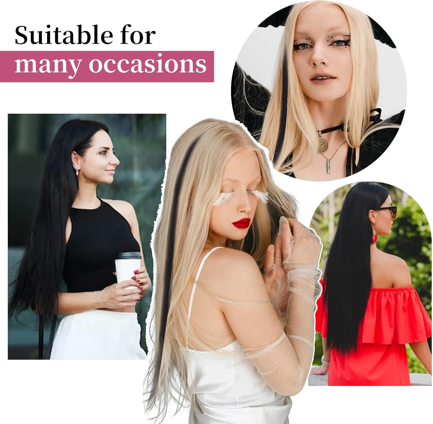 NICENEEDED Clip-In Hair Extensions in Jet Black Long Straight Hair Extensions for Halloween Christmas Cosplay (10 Pieces 20 Inches) image number 5