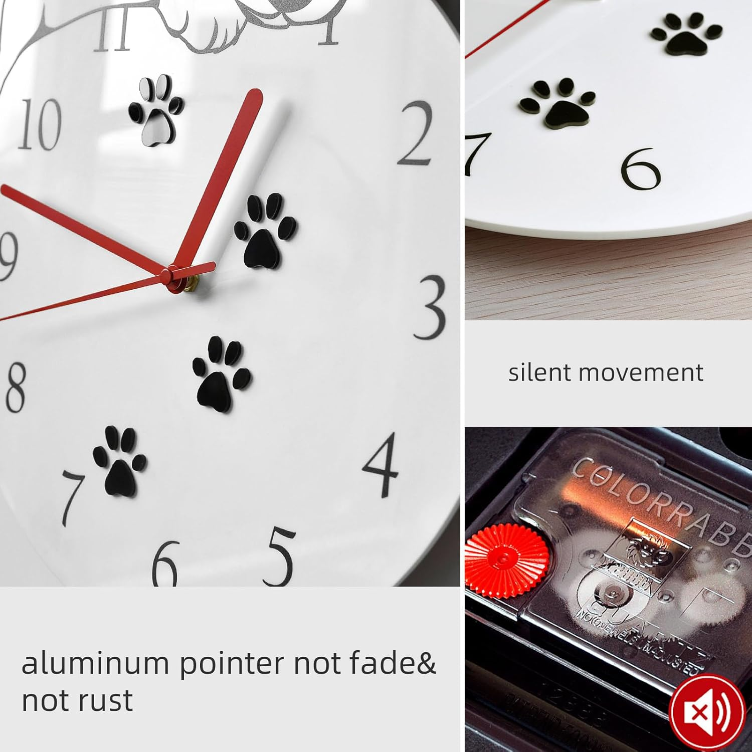 KOLYMAX 3D Cute Wall Clock Non-Ticking Silent Kids Room Decorative Clock with Unique Lovely Cartoon Shape - Puppy Dog 12Inch (White) image number 2