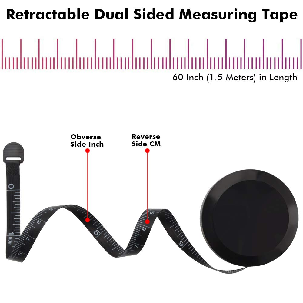 2PCS Measuring Tape for Body, 60 Inch/1.5M Black Retractable Dual Sided Measure Tape Set image number 3