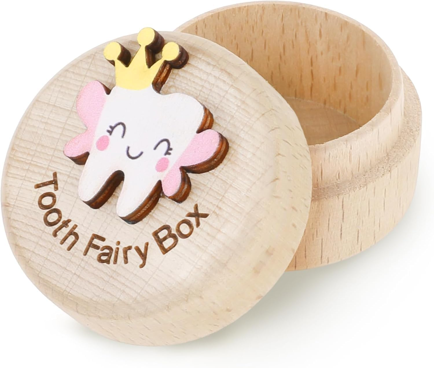 Tooth Fairy Box Tooth Box for Girls Cute Carved Wooden Box with 3D Tooth Stores Lost Teeth for Kids Souvenir Dropped Tooth Keepsake Colored Storage Box Gift (Pink Wings)