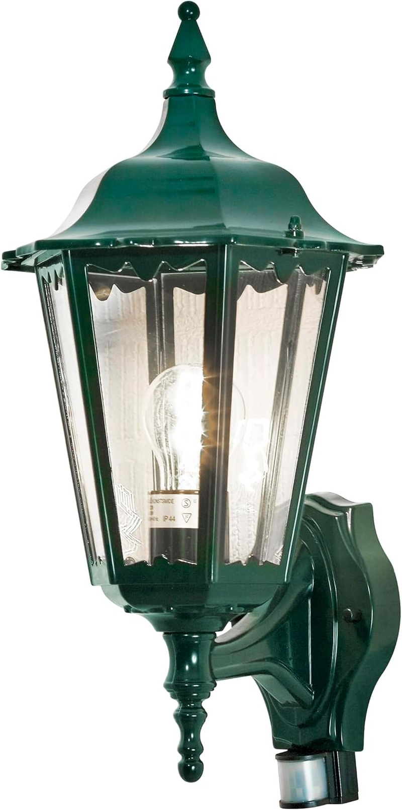 Konstsmide Outdoor Wall Light Mains Powered/Firenze up Traditional Lantern with PIR Sensor Motion Detector/1 X 100 W E27 Max Lamp/Clear Acylic Glass/Aluminium/Ip43/Outside Light Green