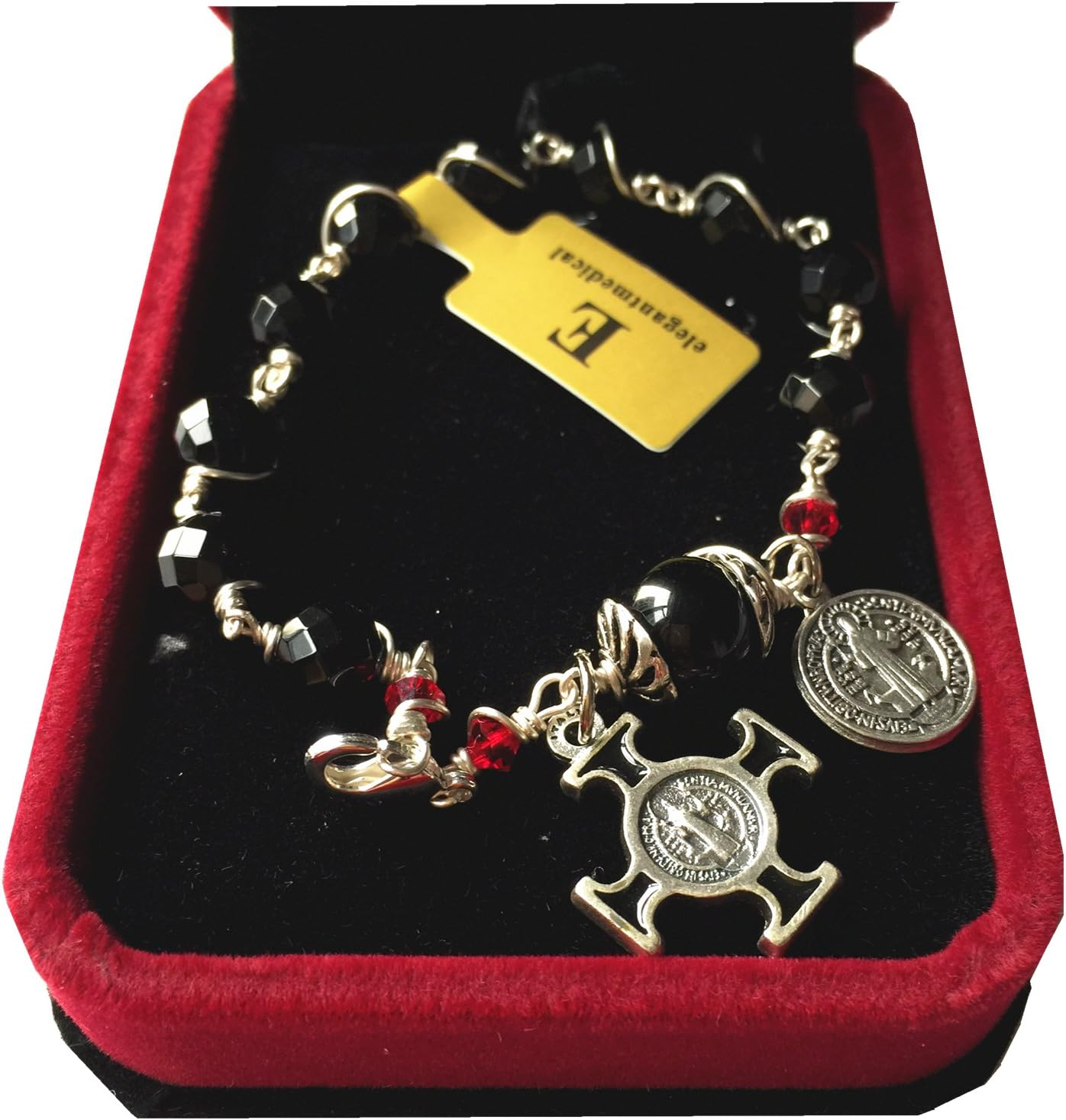 Elegantmedical HANDMADE SILVETR Wire Wrap Black Agate Prayer Beads Bracelet Rosary Cross Catholic image number 6