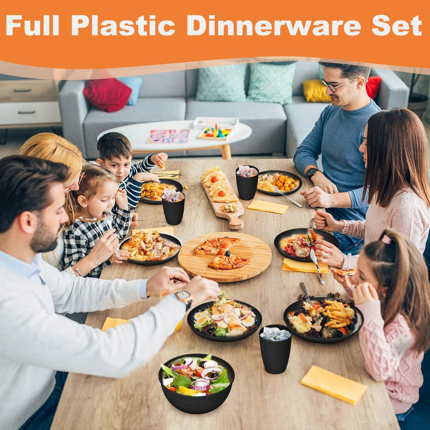 16PCS Wheat Straw Dinnerware Sets, Camping Utensils Reusable Tableware Set BPA Free, Unbreakable Plates, Bowls, Cups, for Kitchen Outdoor Camping Party Home,Microwave Dishwasher Safe-Black image number 1