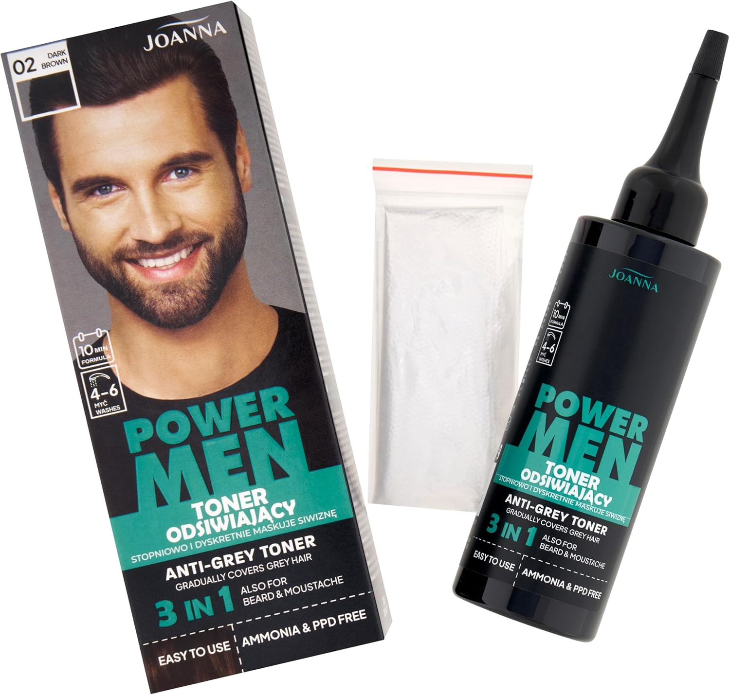 JOANNA Power Men Toner Dark Brown - Grey Hair Conceals in 10 Minutes - Toning for Men - Dark Brown Hair Toner for Beard & Hair - without Roots - 80 G image number 3