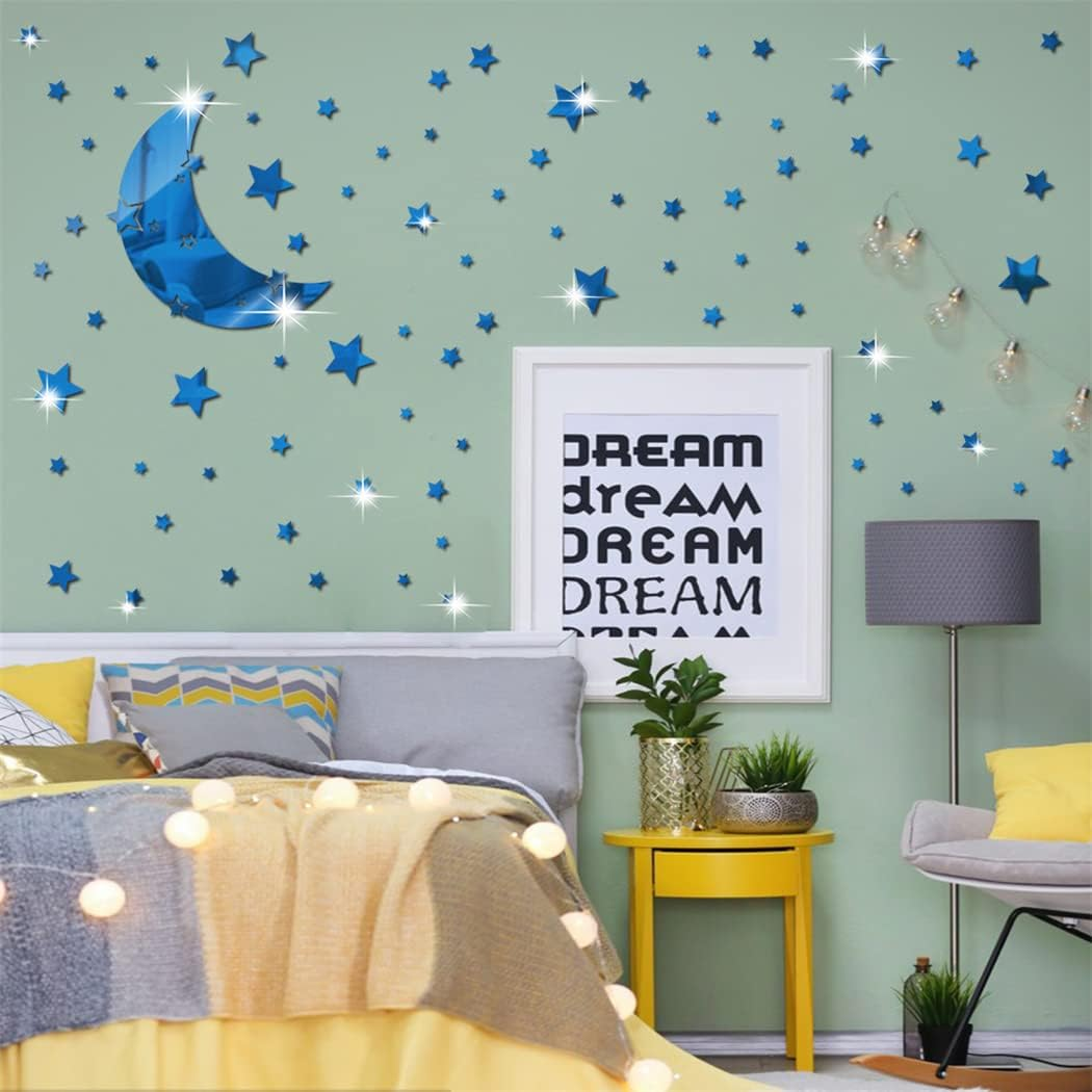 Moon and Stars Mirror Wall Stickers, Removable Acrylic Crescent and 146 PCS Stars Decals, 3D Art Wall Decoration for Baby Kid Bedroom Living Room Ceiling (Blue) - Black image number 5