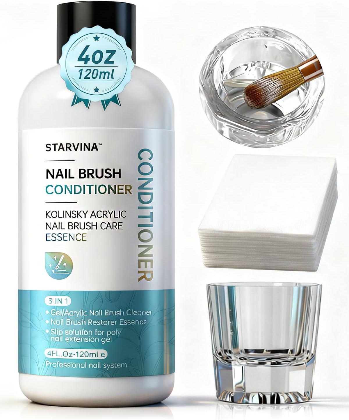 Nail Brush Cleaner 3 in 1 Nail Brush Conditioner Cleaner Restorer Poly Gel Slip Solution, for Solid Gel Nail Polish Dip Powder Gel Kolinsky Sable Acrylic Nail Brush Salon at Home 120Ml