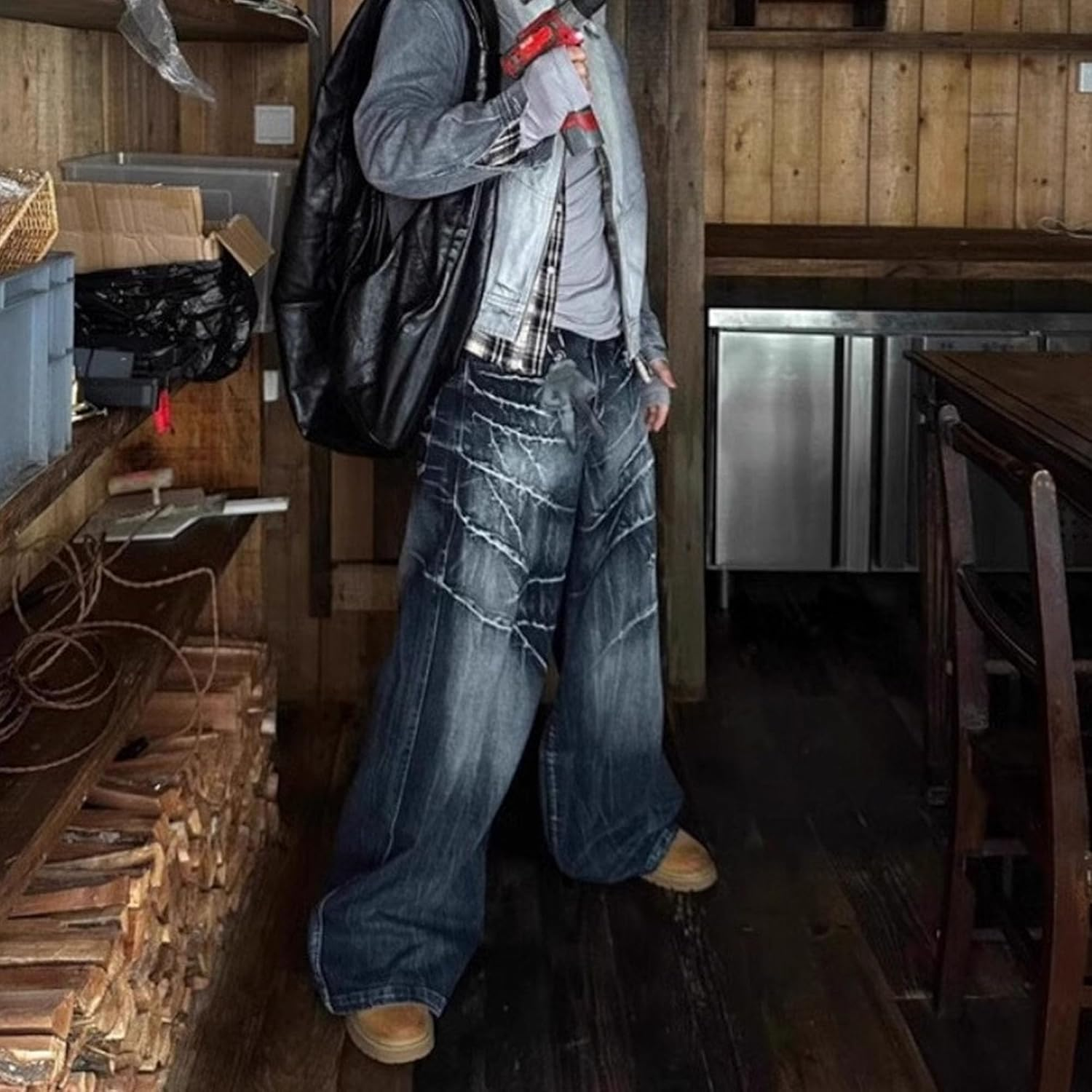 Zylphorix Men Washed Old Wide Leg Jeans Loose Crack Straight Denim Pants Y2K High Street Casual Fashion Trousers, Blue, X-Large image number 5