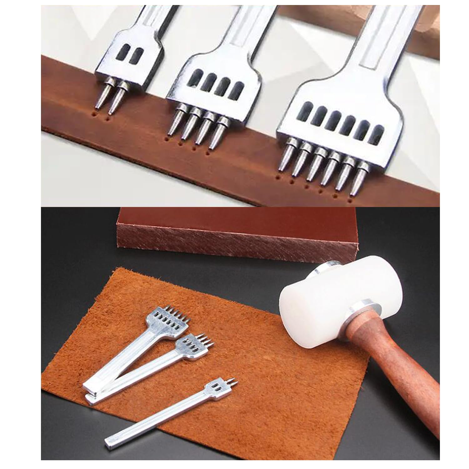 YUENTOEN 3Pcs round Hole Row Punch, 2/4/6 Prong Pricking Iron Stitching Cutter Tool Sewing Hole Leather Craft Tools 4Mm Spacing image number 5