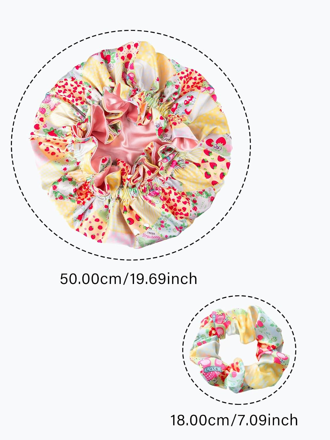 Vettres Floral Satin Bonnet with Scrunchie Set,Double Layer Ruffle Reusable Sleeping Shower Cap for Curly Hair Yellow-Strawberries image number 2