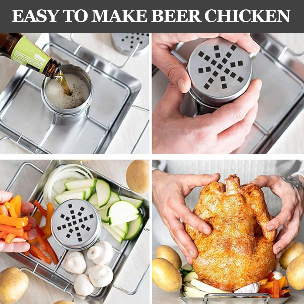 GUDAJIN Beer Can Chicken Grill, Portable Outdoor Stainless Steel Vertical Grill, Multi-Purpose Grilled Chicken Plate, Including 4 Vegetable Spikes, Suitable for Grill, Oven, Camping, Home BBQ image number 2
