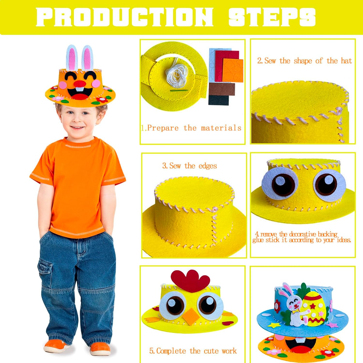 Yayafunfun DIY Easter Bonnet Craft Kit for Kids - 2 Pack Felt Hats with Bunny, Eggs & Reusable Decorations | School Parade Competition Supplies, Easter Crafts for Boys Girls (Age 2+) image number 3