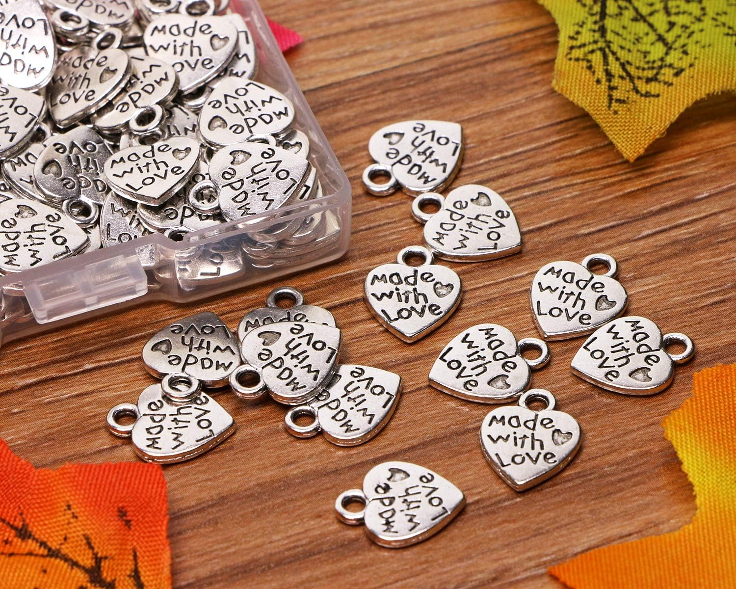 Shapenty 100PCS Mini Metal Beads Heart Shaped &ldquo;Made with Love&rdquo; Charms Bulk for DIY Craft Keychain Necklace Pendants Bracelets Earrings Jewelry Making Findings, 12 X 10Mm, Metal, Metal image number 2