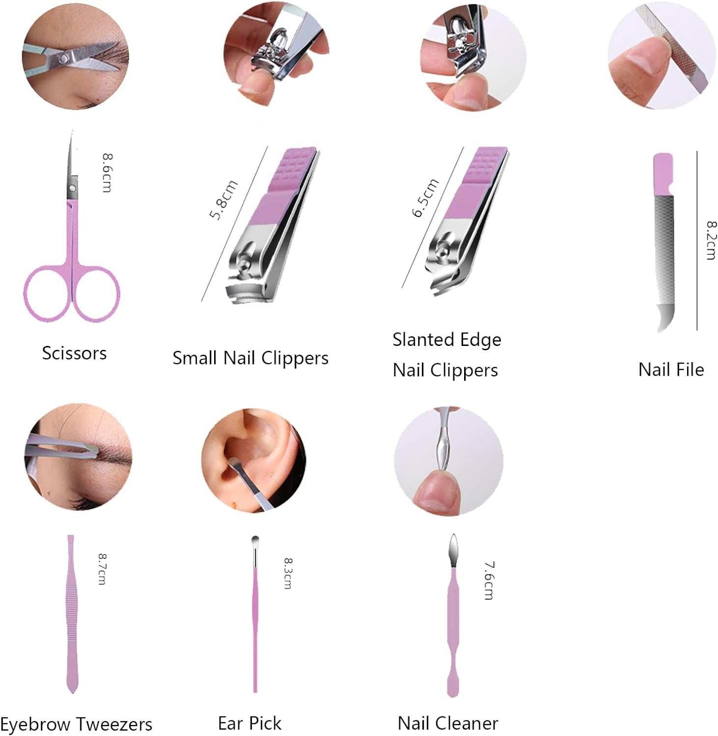 Nail Clipper Set, 7PCS Manicure Set Fingernail Clippers Kit Fashion Color Purple Stainless Steel Pedicure and Manicure Kit with Purple PU Leather Case image number 2