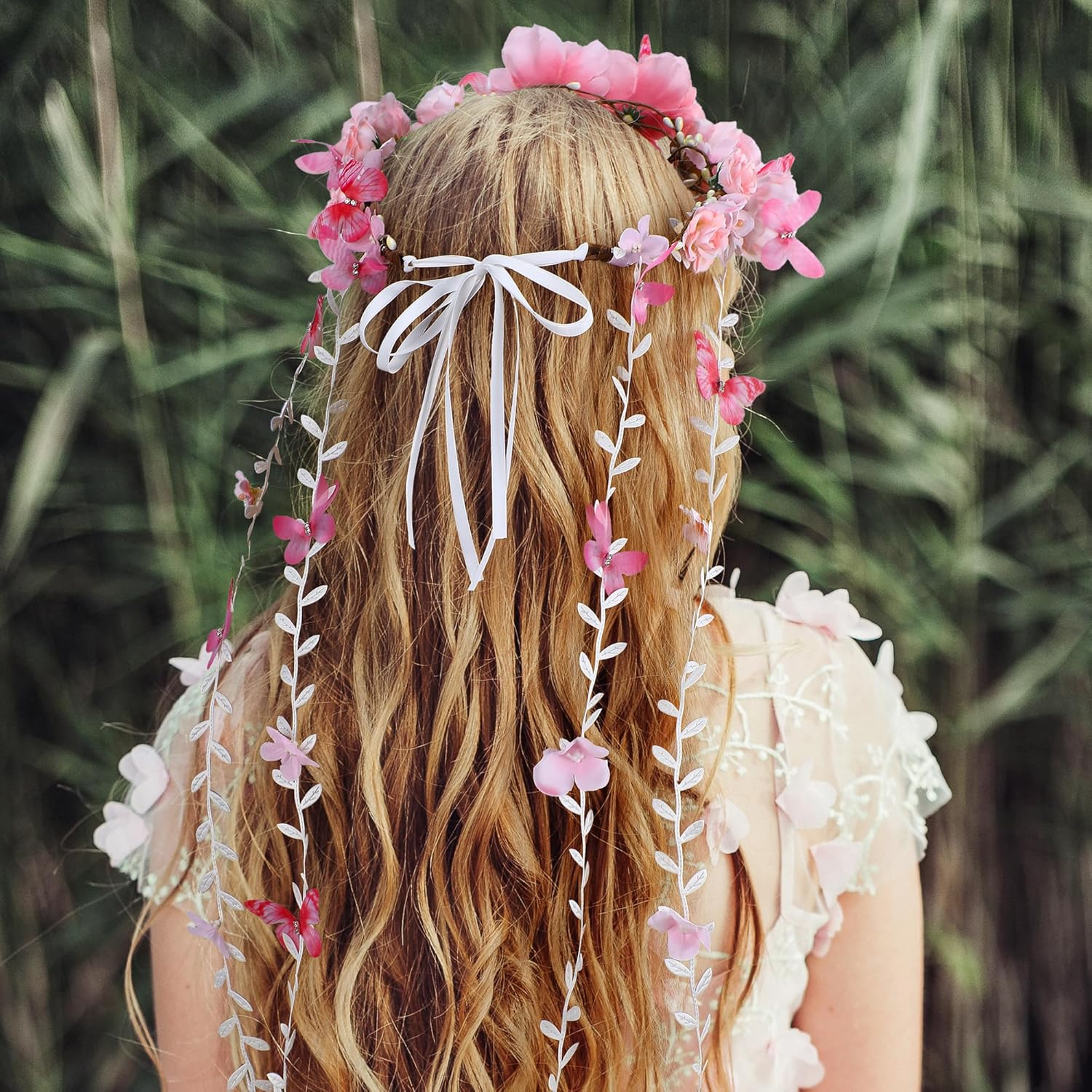 Partyforu Pink Flower Crown Headband for Women Floral Fairy Headpiece Bohemian Vine Flower Headband with Butterfly for Wedding Bridal Shower Party Renaissance image number 4