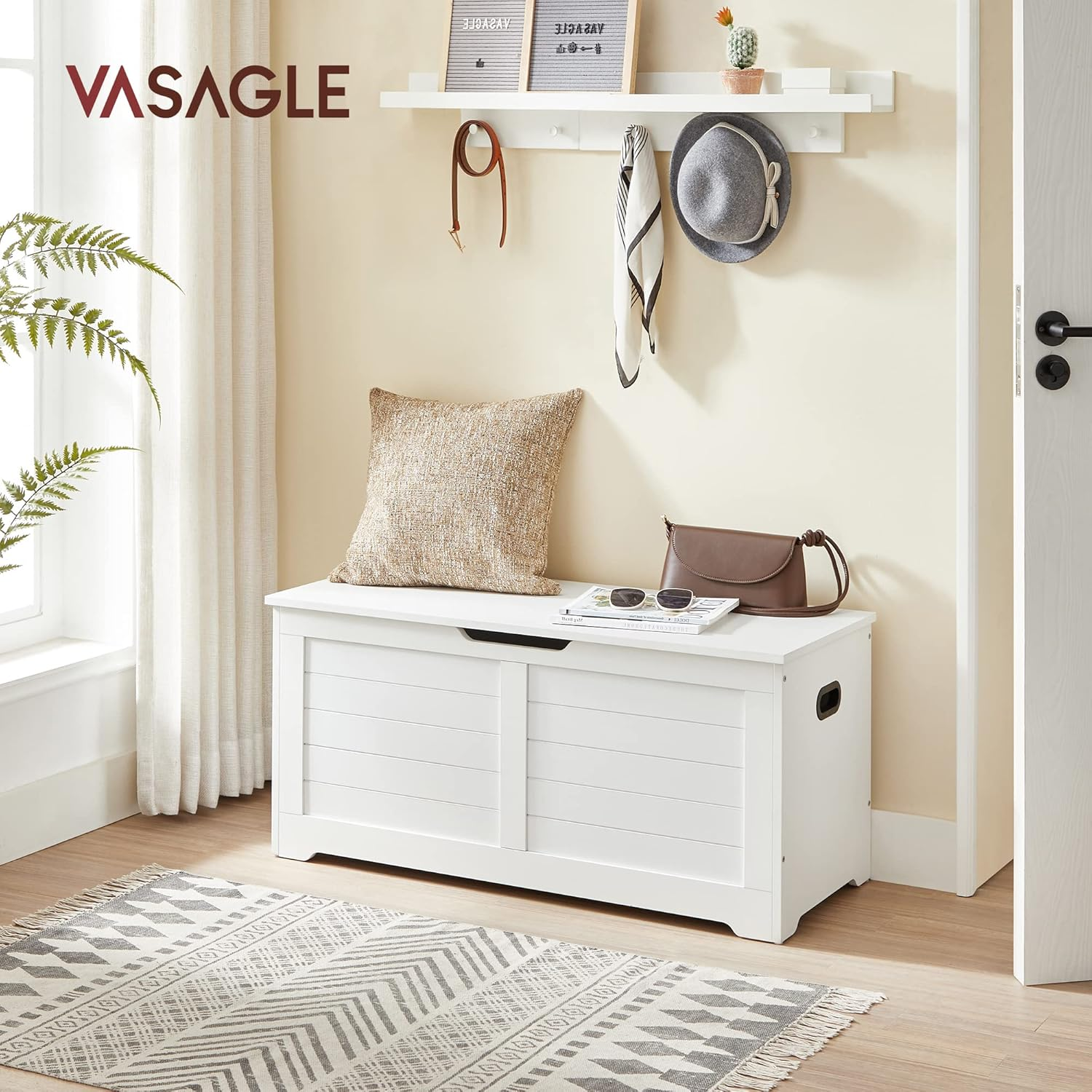 VASAGLE Storage Chest, Storage Bench with 2 Safety Hinges, Farmhouse Style, 15.7 X 39.4 X 18.1 Inches, for Entryway, Bedroom, Living Room, Cloud White ULSB061T10 image number 2