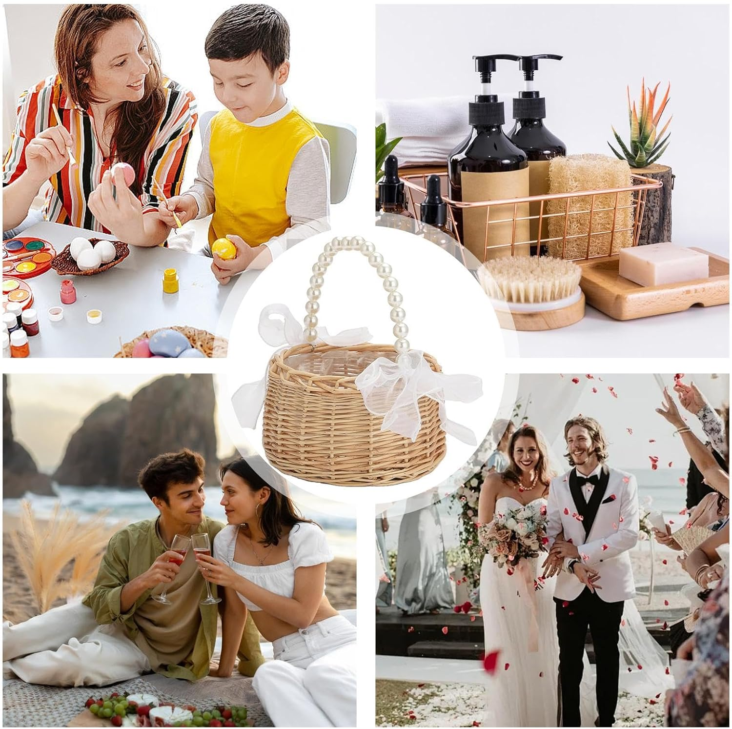 Pearl Flower Girl Basket,Wedding Basket with Pearl Handle, Bow Ribbon - Fairy Handwoven Easter Rattan Basket for Wedding Petal, Home Decor, Toys Sundries - L image number 5