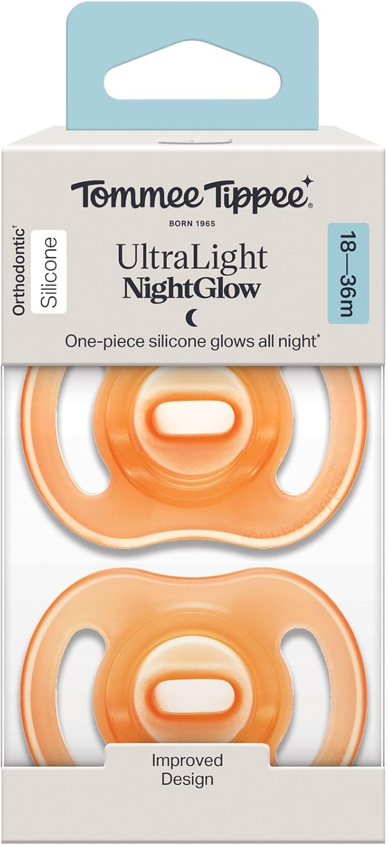 Tommee Tippee Ultra-Light Stayput Night Glow Soother, 18-36M, 2 Pack, Soft Skin Feel, Extra Air Flow image number 1