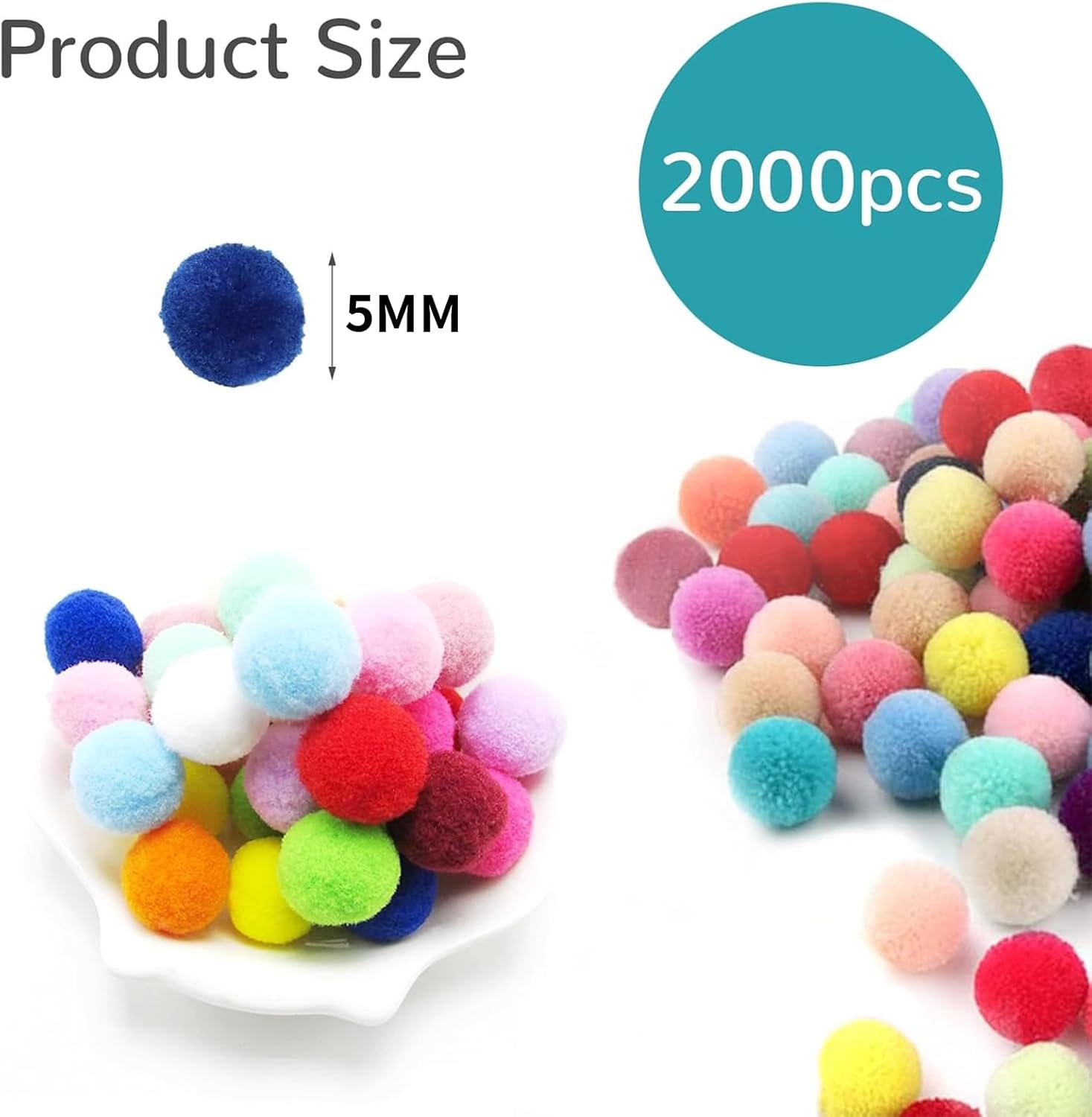 Zalizr 2000 Pcs Polypropylene Pom Poms, 5 MM Assorted Mixed Color Mini Fluffy Pom Poms for Crafts Making, DIY Projects, Holiday Party Decorations, Christmas Decor