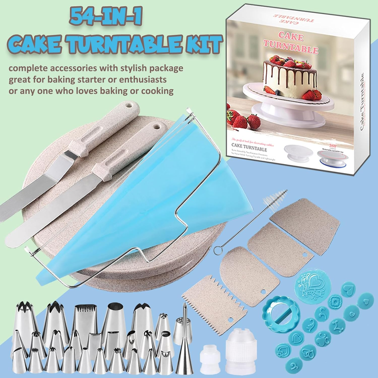 54Pcs Cake Decorating Kit Baking Tools Supplies with Cake Turntable, Cake Leveler, 27 Piping Nozzles, 2 Pastry Bag, 2 Coupler, 2 Spatulas, 4 Scrapers, 14 Fondant Embossers & 1 Cleaning Brush image number 4
