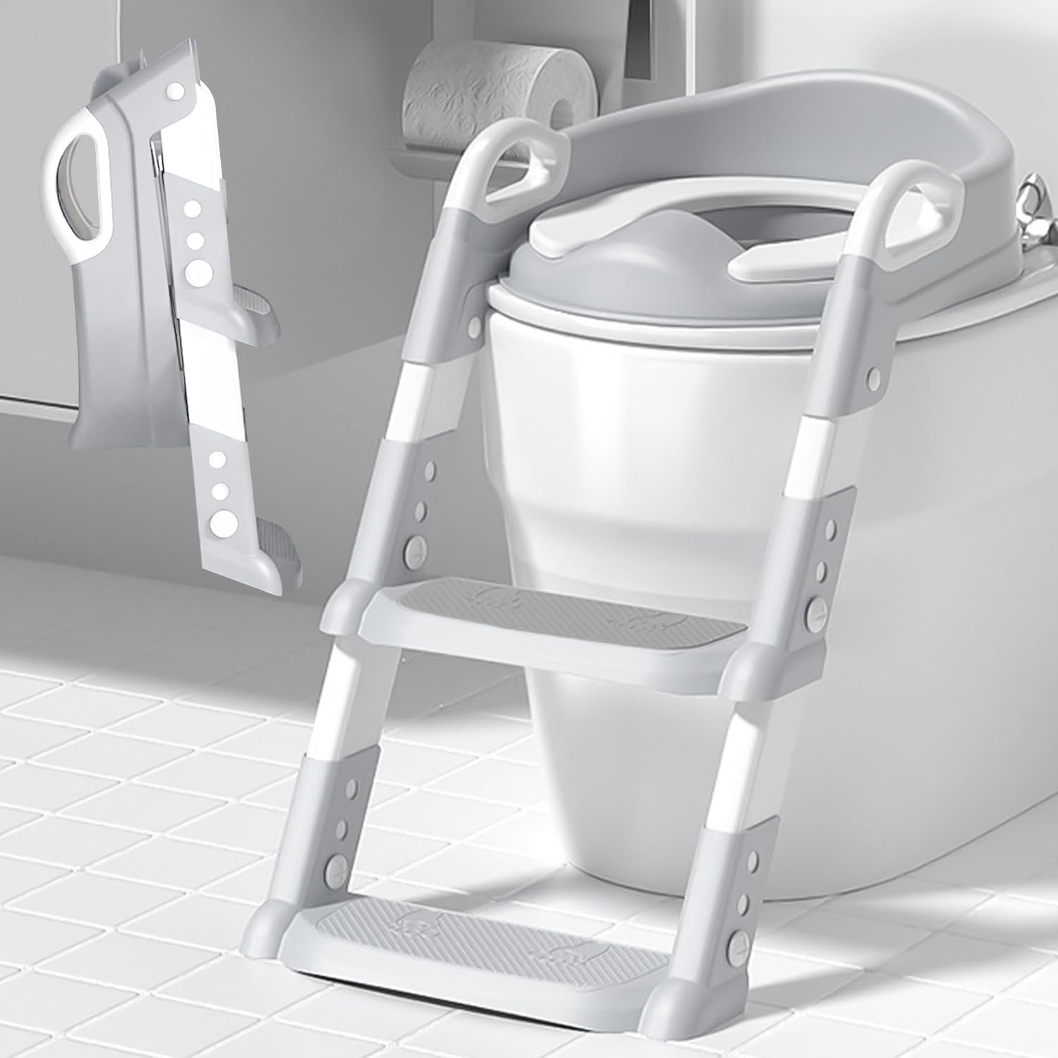 Yakiter Potty Training Seats, Kids Toilet Training Seat with Step Stool, Adjustable Height Ladder Guard Handle Soft Cushion White, Step Stool 2 in 1 Foldable Chair for Baby Toddler Boys Girls (Grey) image number 6