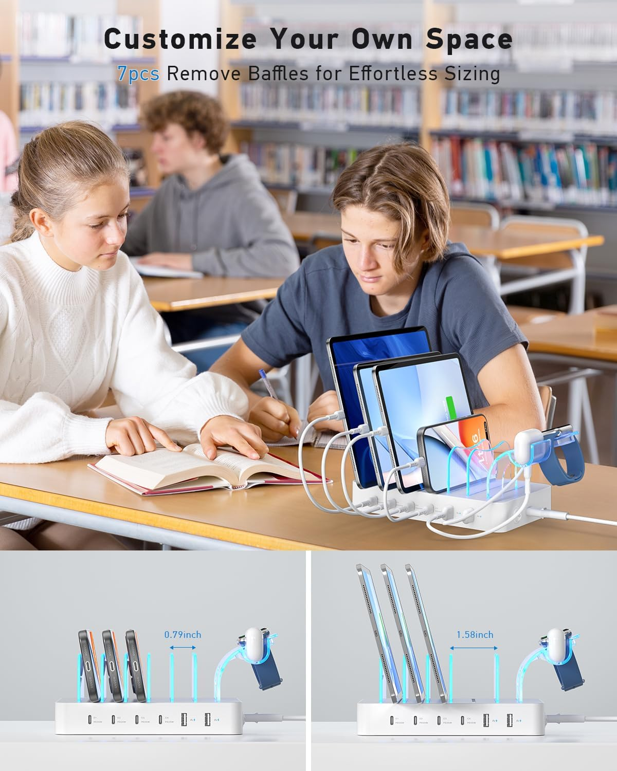 Soopii 90W Charging Station for Multiple Devices, 6 Port Multi USB C Charger Station with 6 Mixed Short Cables,Pd 20W Charging Dock for Lphone,Galaxy,Ipad,Tablet and More Electronic Devices,White image number 3