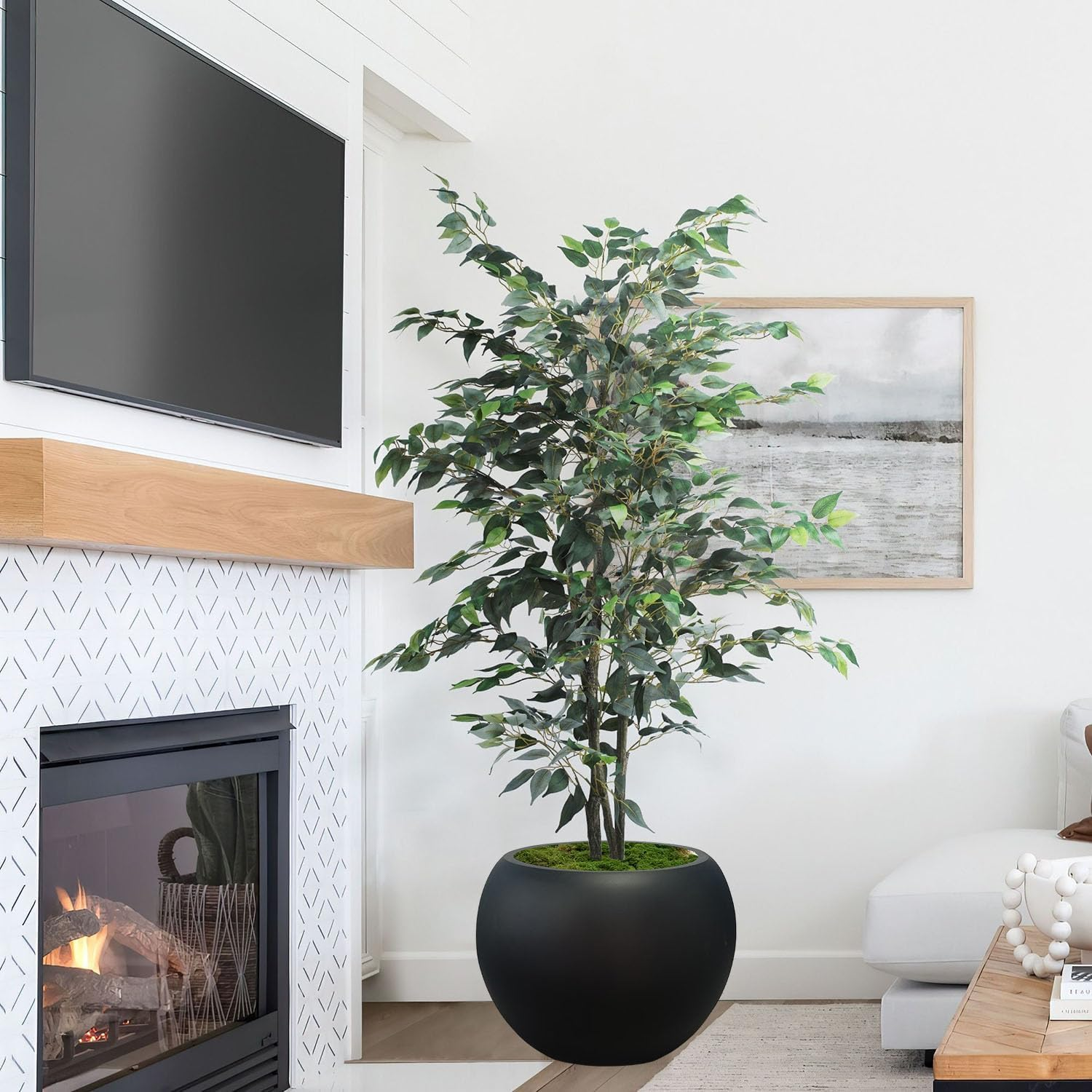 34 H X 43Cm Dia (30.5Cm Pot Opening) Black round Fiberstone Tall Planter with Drainage Hole, Indoor/Outdoor Large Plant Pot for Home Patio Garden, Ideal for Large Plants image number 6